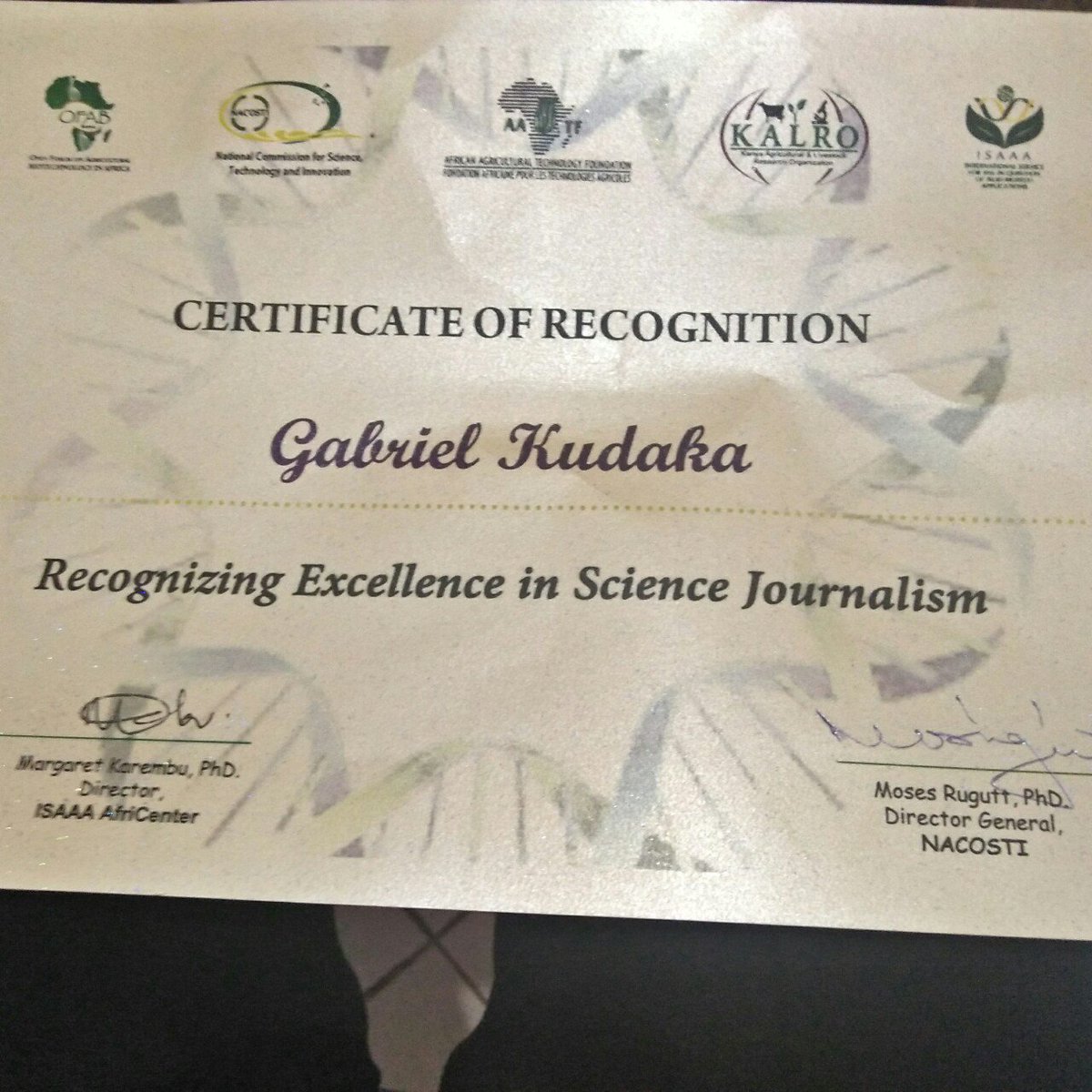 GKudaka's tweet photo. Thank you so much @OFABKenya for recognizing efforts of journalists dedicated to biotechnology and science stories in general. Thank you @ntvkenya for giving me a platform to share my stories on biotechnological innovations. https://t.co/6qt4HIC3ZJ