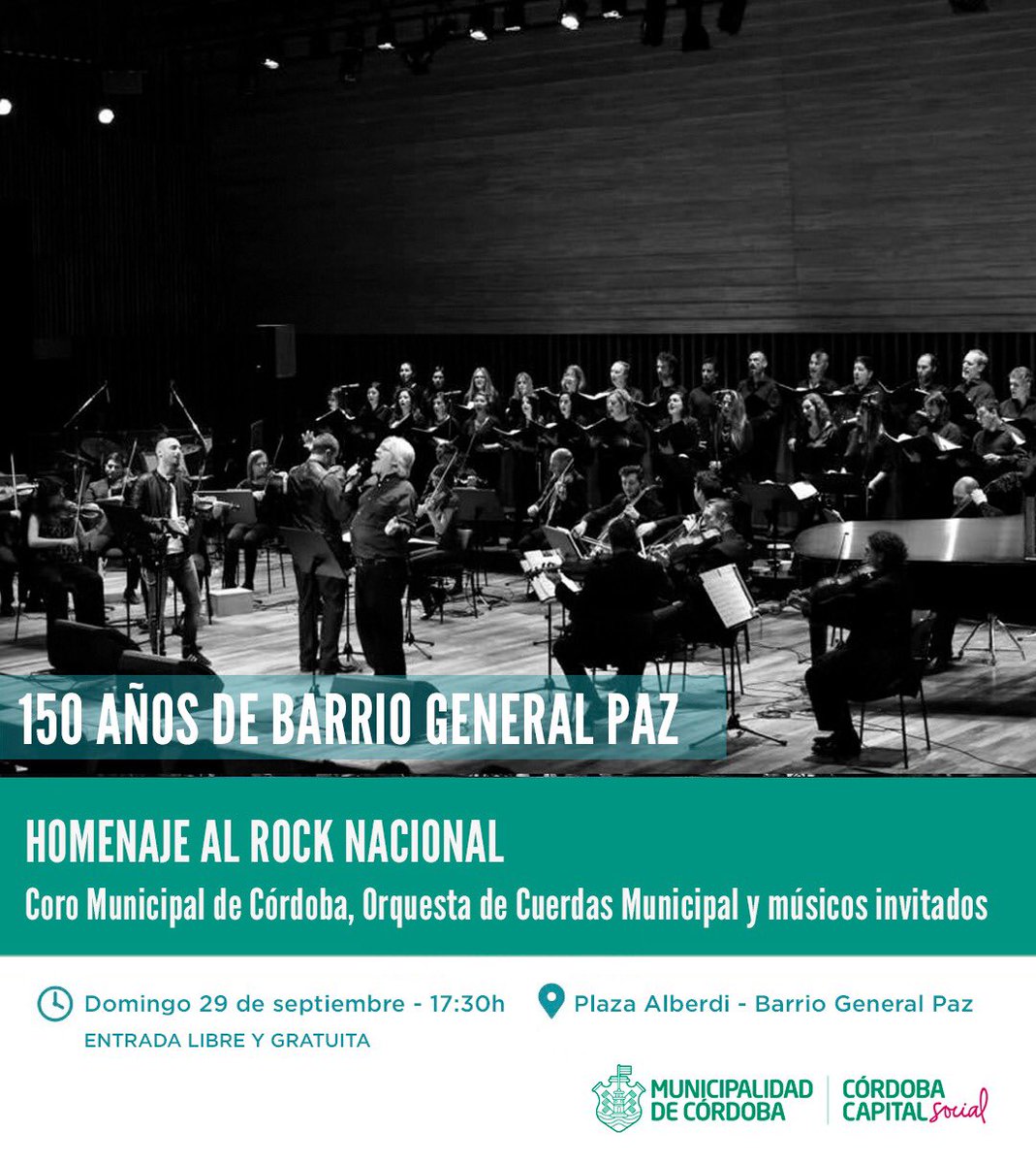 💥🎬🎶Llega a barrio General Paz un Homenaje al Rock Nacional🎻🎸🎹👏🏼⚡

🤸‍♀️💐Celebrando 150 años 🎂💃🕺del barrio junto al 
#CoroMunicipalDeCórdoba, a la Orquesta de Cuerdas Municipal  y a músicos Invitados 🤗👏🏼🌹

 🗓29/9 ⏰17:30h
📍Plaza Alberdi - Centro Vecinal General Paz