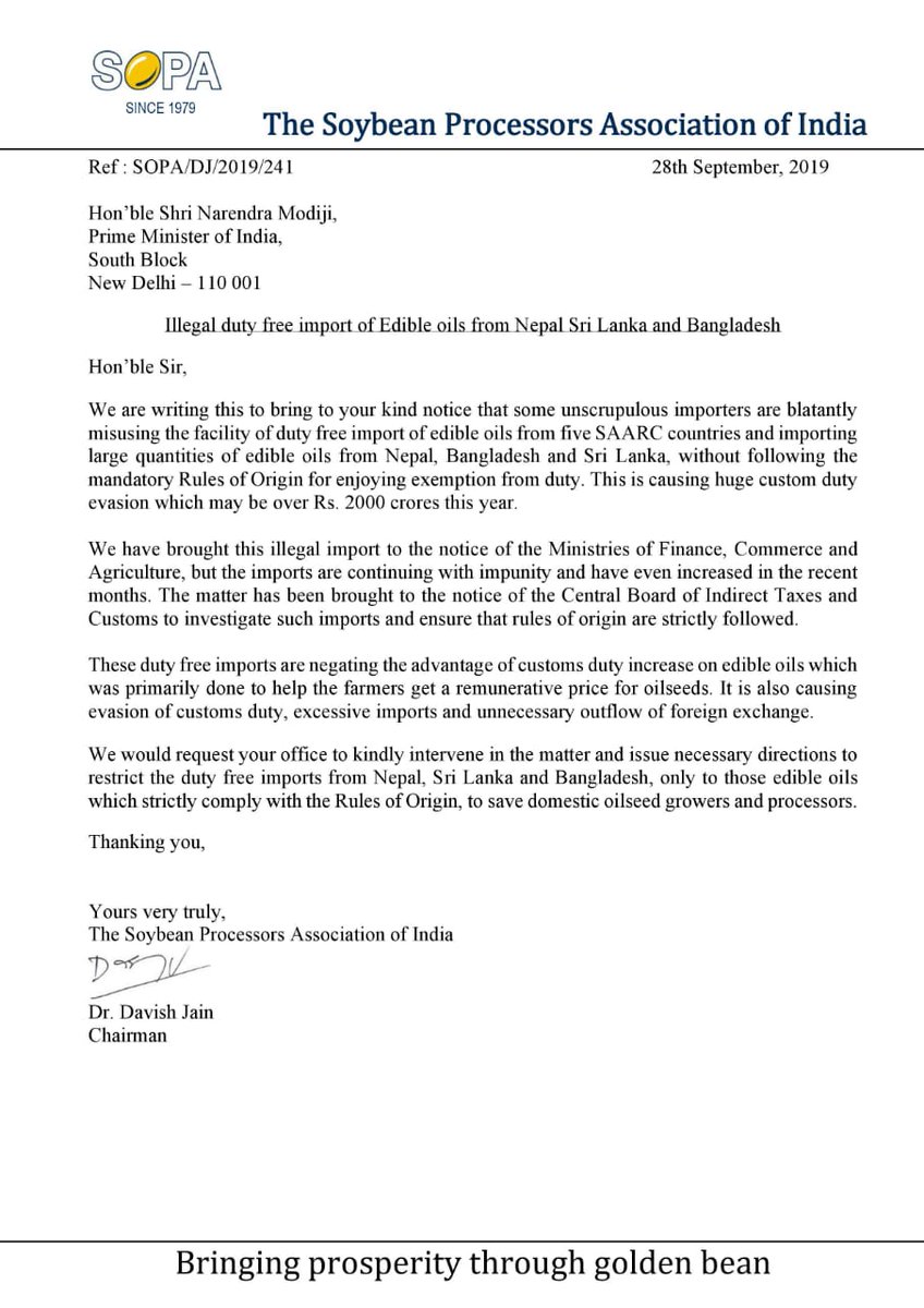 pssaini1's tweet image. SOPA letter on SAFTA hampering Edible Oil Industry