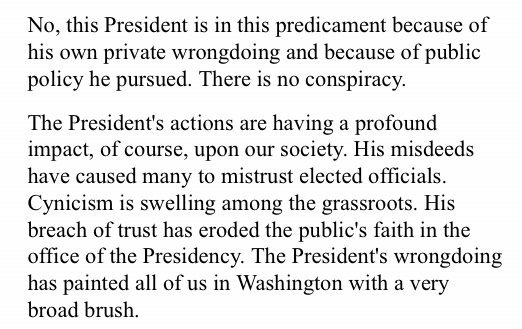 Sen. Grassley on Clinton impeachment in 1999: "We are here because the President did wrongful acts and he admits to that....This President is in this predicament because of his own private wrongdoing and because of public policy he pursued. There is no conspiracy" 2/9