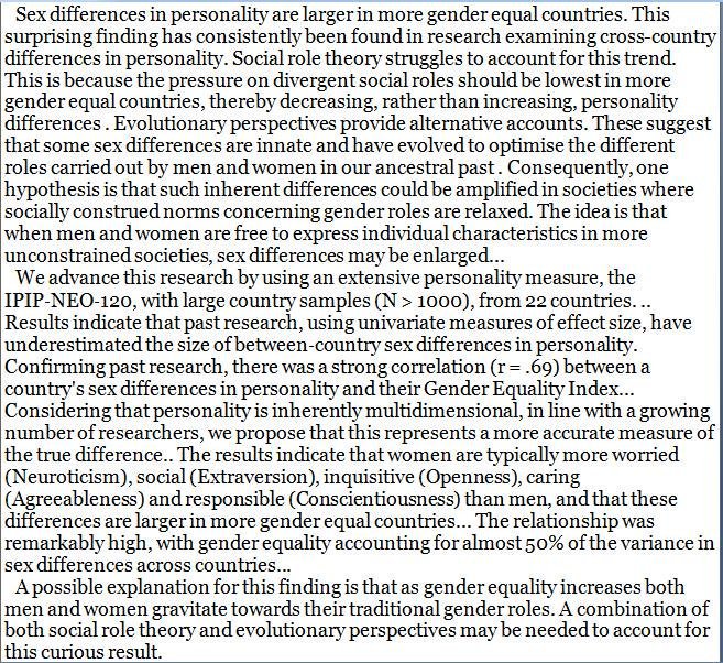  Em países com maior igualdade de género as diferenças de traços de personalidade entre sexos são agravadas num grau superior ao que se pensava anteriormente, o que torna este resultado num dos mais bem replicados na Psicologia.via  @DegenRolf  https://onlinelibrary.wiley.com/doi/abs/10.1002/ijop.12529