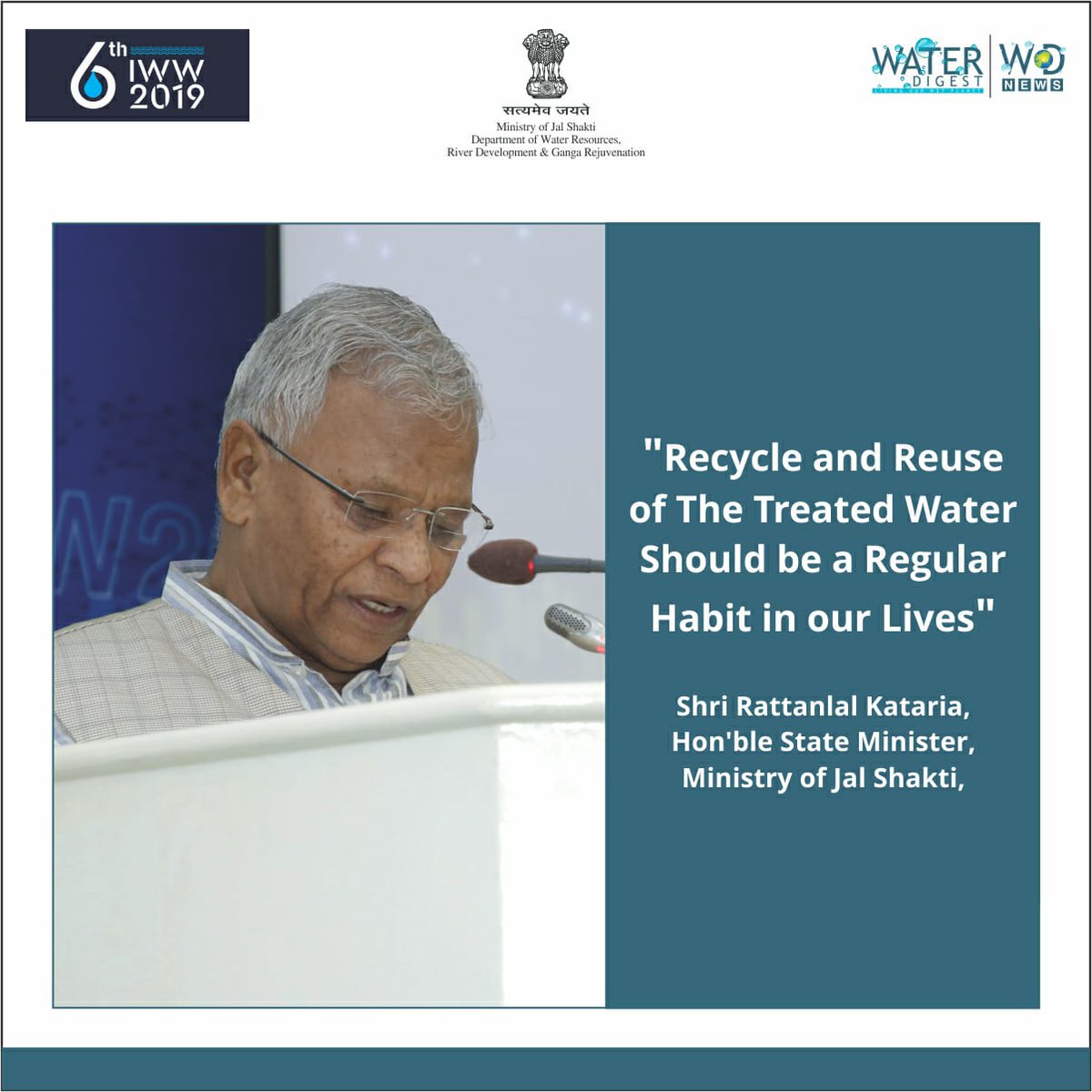DoWRRDGR_MoJS's tweet photo. "Recycle and Reuse of the treated water should be regular habit in our lives." - Shri @kataria4ambala, MoS, Minister of Jal Shakti. #IndiaWaterWeek2019 #IWW2019 https://t.co/JAGbxnVRG6