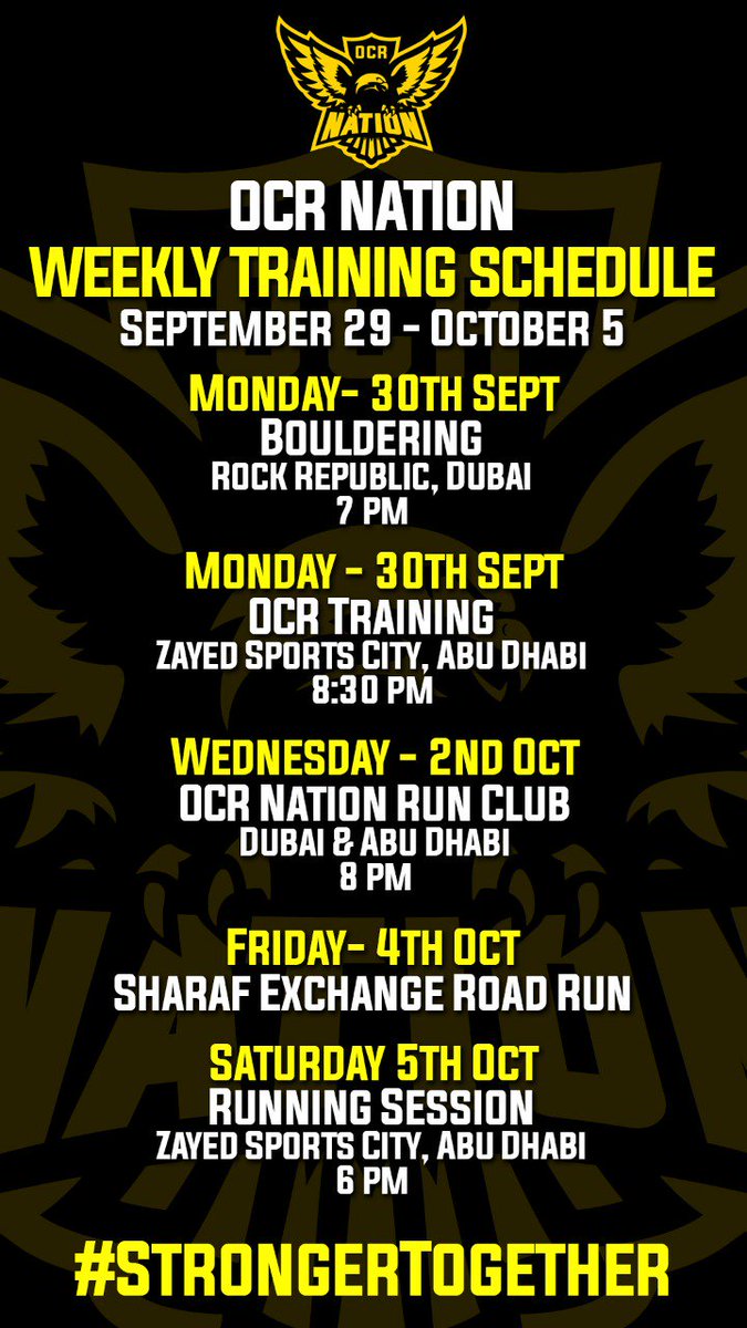 WeAreOCRNation's tweet photo. Check out our schedule for the coming week #OCRNation #StrongerTogether #OCRtraining #dwcrak19 #spartanarabia #desertwarriorchallenge https://t.co/BPthyaIMpm