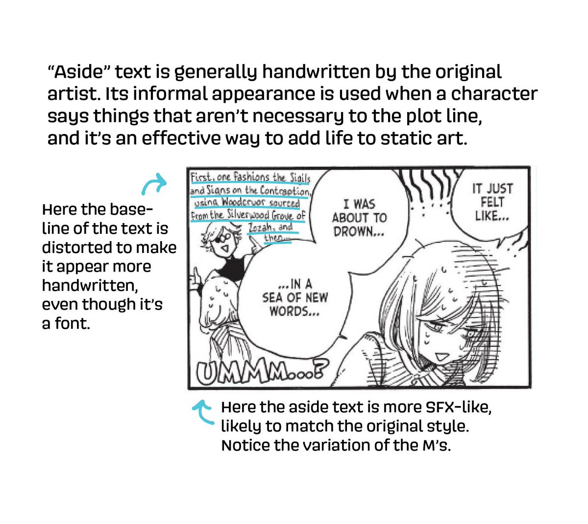 The aside text in Witch Hat Atelier is especially well done. Instead of leaving the text to be uniform and lifeless, the letterer matches the tone of the art with several techniques, like distortion and whitespace.