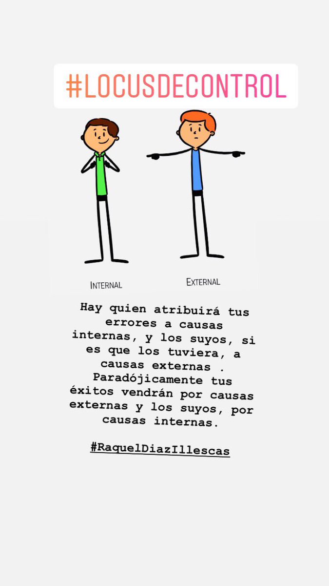 Sexpositiva's tweet image. Hay quien atribuirá tus errores a causas internas, y los suyos, si es que los tuviera, a causas externas .
Paradójicamente tus éxitos vendrán por causas externas y los suyos, por causas internas.

#RaquelDiazIllescas  #Locus #LocusDeControl #LocusDeControlInterno #Paradoja