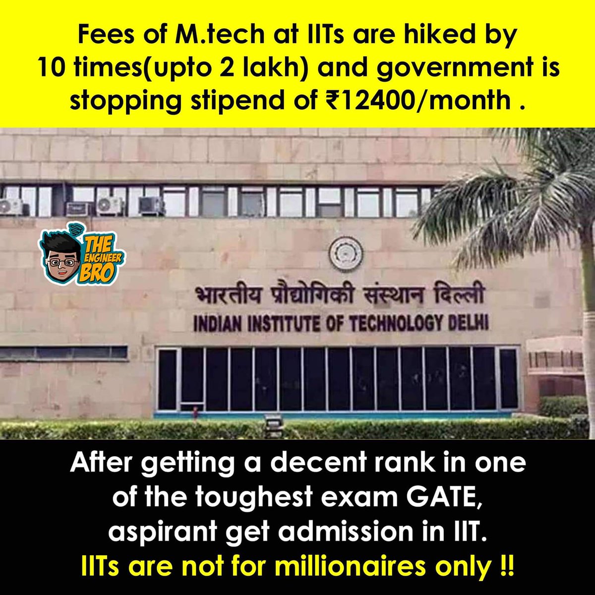 RajatGu41963172's tweet photo. Now one of the Prestigious Institute of India is not for those who literally do their best in GATE exam and secure gud rank in that paper bcoz now only millionaire babies are allowed to take admission. Ye h ache din Modi Ji,Then we don't need it . #mtechfeehike https://t.co/Z1pV1VuXcS