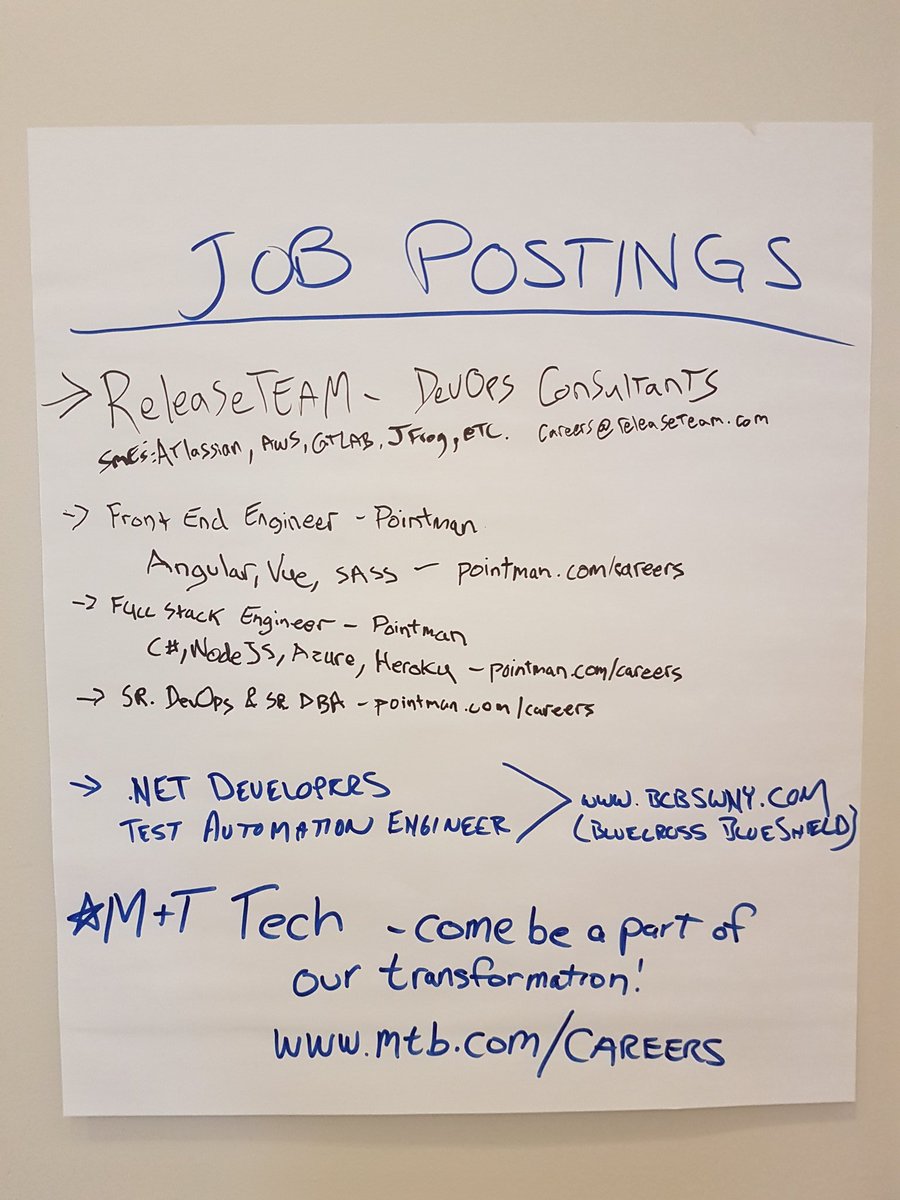 binarytea's tweet image. Check out the job boards from DevopsDays Buffalo! We had a ton of awesome postings from both vendors and attendees. #DevOpsDaysBuf