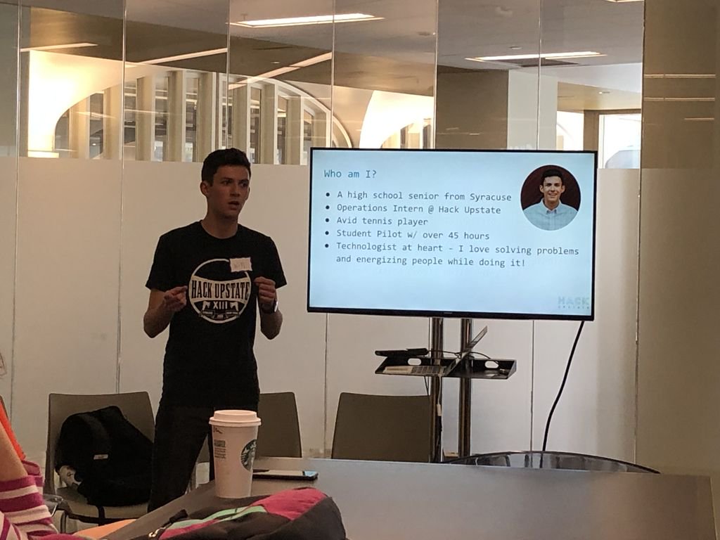 hackupstate's tweet photo. Our amazing fearless intern, Will Guisbond, giving a talk at #DevFestCR19 on โLessons Learned from Organizing a Coding Bootcampโ! https://t.co/ICa692n3oG