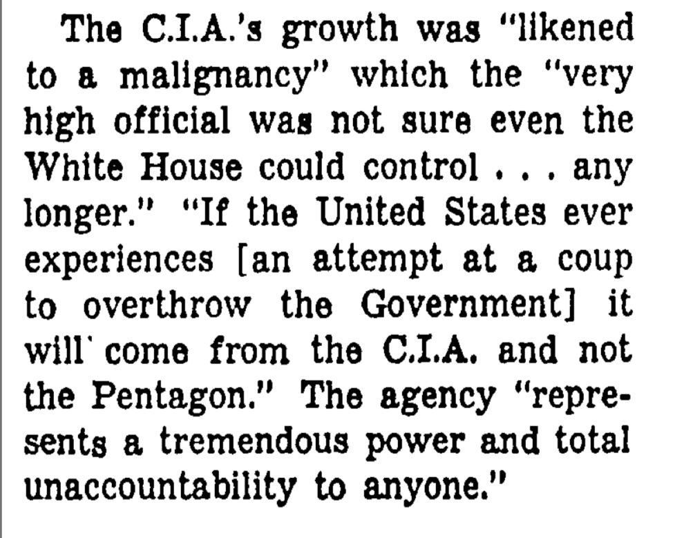 And this paragraph from the  @nytimes piece should frighten the hell out of you, especially today. The  @CIA has been out of control for DECADES and the open coup against  @realDonaldTrump RIGHT NOW is just the latest example. Think beyond partisanship.Share widely.