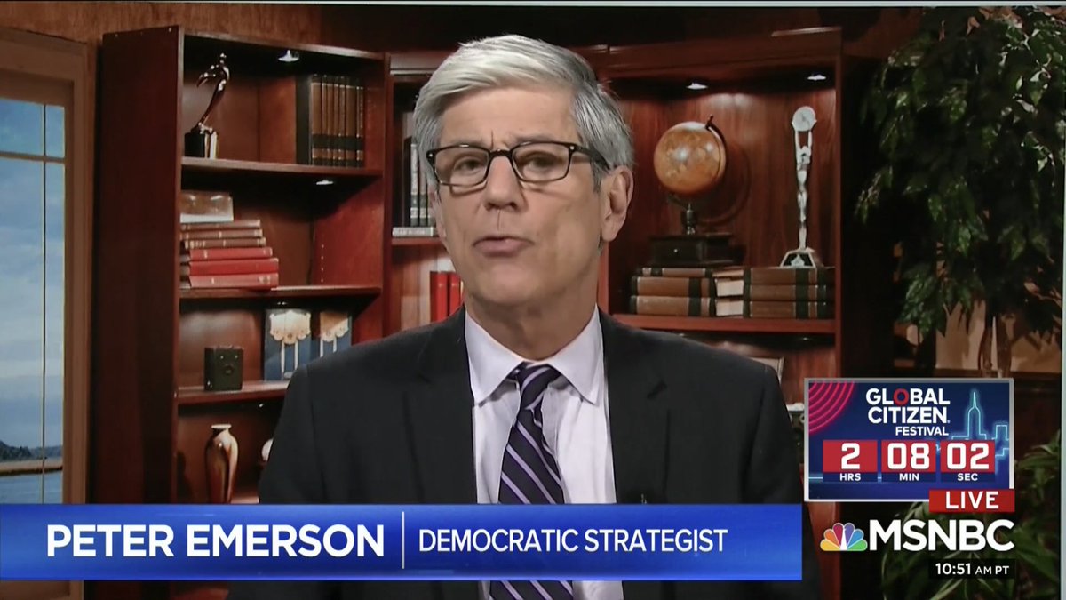 21/ Democratic strategist Peter Emerson joins the crowd of TV Nook dwellers for today's  @MSNBC hit. He is enjoying a beautiful seascape with his mini globe, prestigious awards, brownie cameras, and – of course – books! Peter enjoys the smell of rich mahogany. 