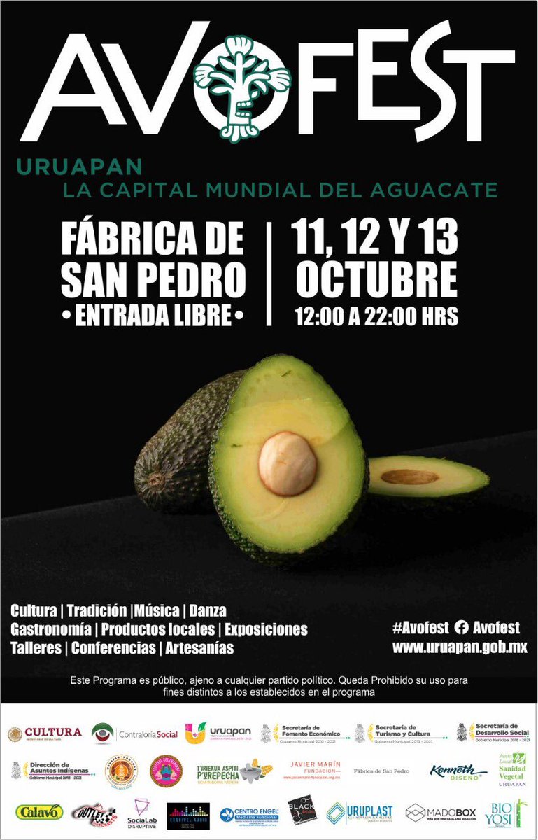 SEFECOURUAPAN's tweet photo. Vive ! nuestro vasto y diverso legado productivo y cultural 🎵 del primer #Festival #AvoFest #Uruapan, #LaCapitalMudialDelAguacate 🥑 del 11 al 13 de octubre es un evento apoyado por @cultura_mx https://t.co/m2ZDzQ7lyd