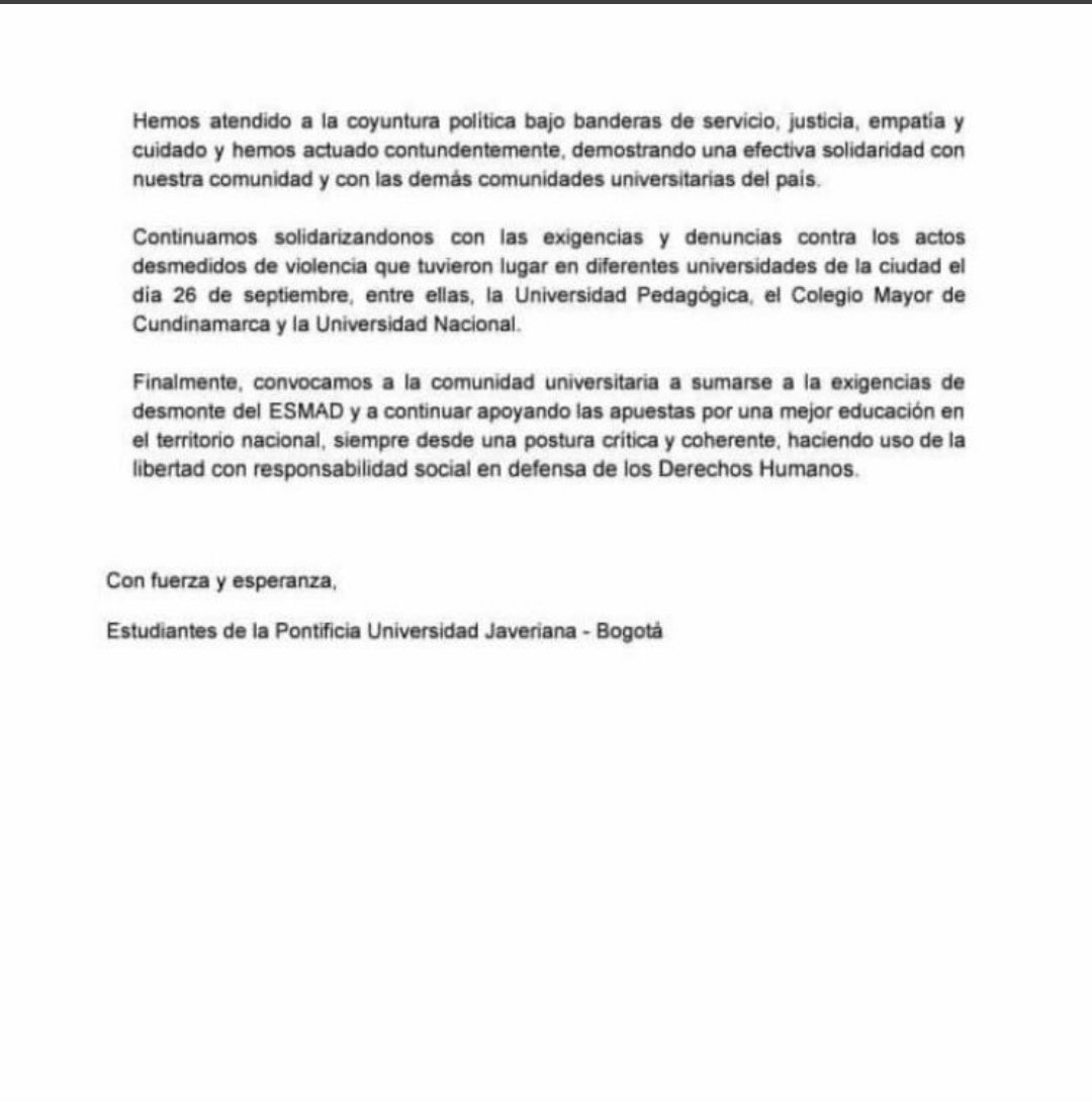 HarolNieto's tweet photo. #YoApoyoLosEstudiantes y al leer este comunicado de @UniJaveriana me hace pensar q los tiempos de apatía y aislamieto en mi recordada Universidad han quedado atrás... Aclaro, el comunicado es de los estudiantes porq la godorria directiva parece q sigue igual. https://t.co/fRzJLTIBPj