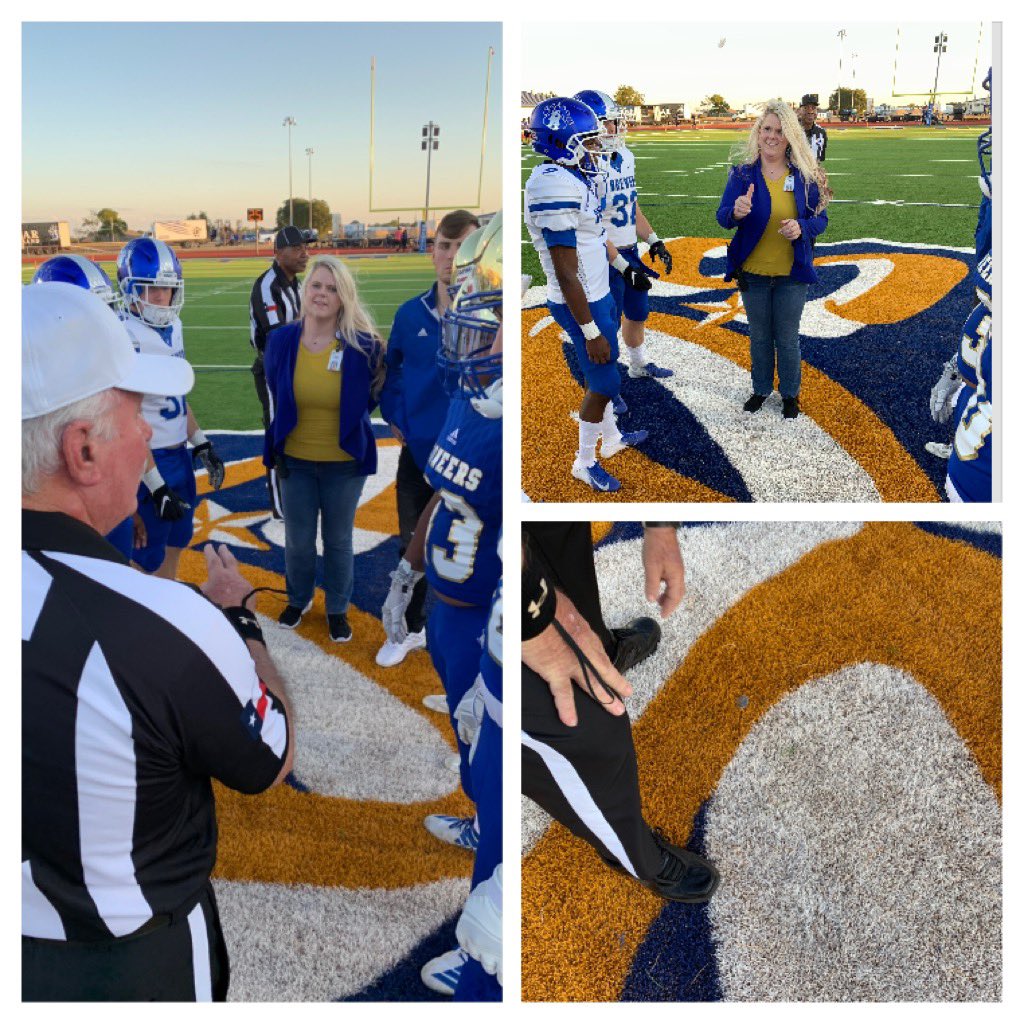 Our 2018-19 Teacher of the Year <a href="/livingston_edu/">Kayla Livingston</a> with the honorary coin flip before kick off! Thank you for your commitment and dedication to the students of BOS! #bosproud #emsgrad #emsproud