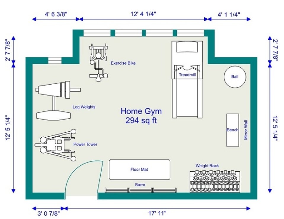 Схема тренажерного зала. Домашний спортзал планировка. Спортзал в доме планировка. План тренажерного зала дома. Планировка спортзала в частном доме.