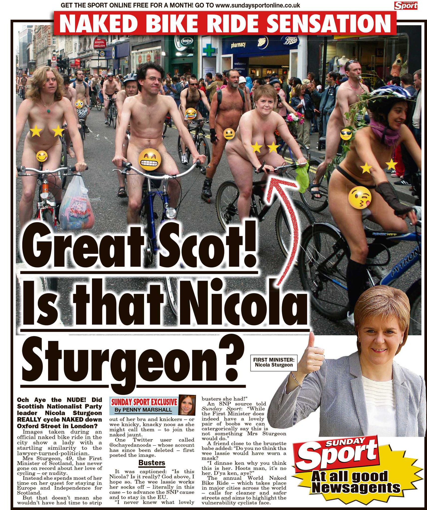Sunday Sport on X: Is that Nicola Sturgeon on a naked bike ride? Bizarre  claims that SNP boss took part in nuddy protest. Full shocking story and  pictures -only in this week's @