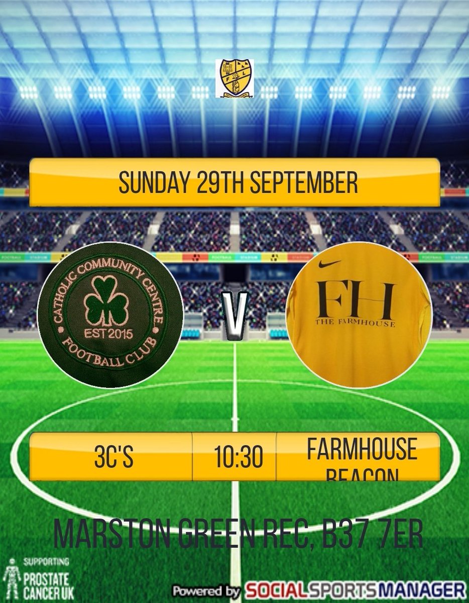 Matchday 3 and hoping to continue our good start to the season. Should be a great game against a strong side! 

3Cs vs @FarmhouseBeacon

📆 29/09/2019

⏰ 10:30am 

📍 Marston Green Rec, Solihull, B37 7ER

🏆 Festival League