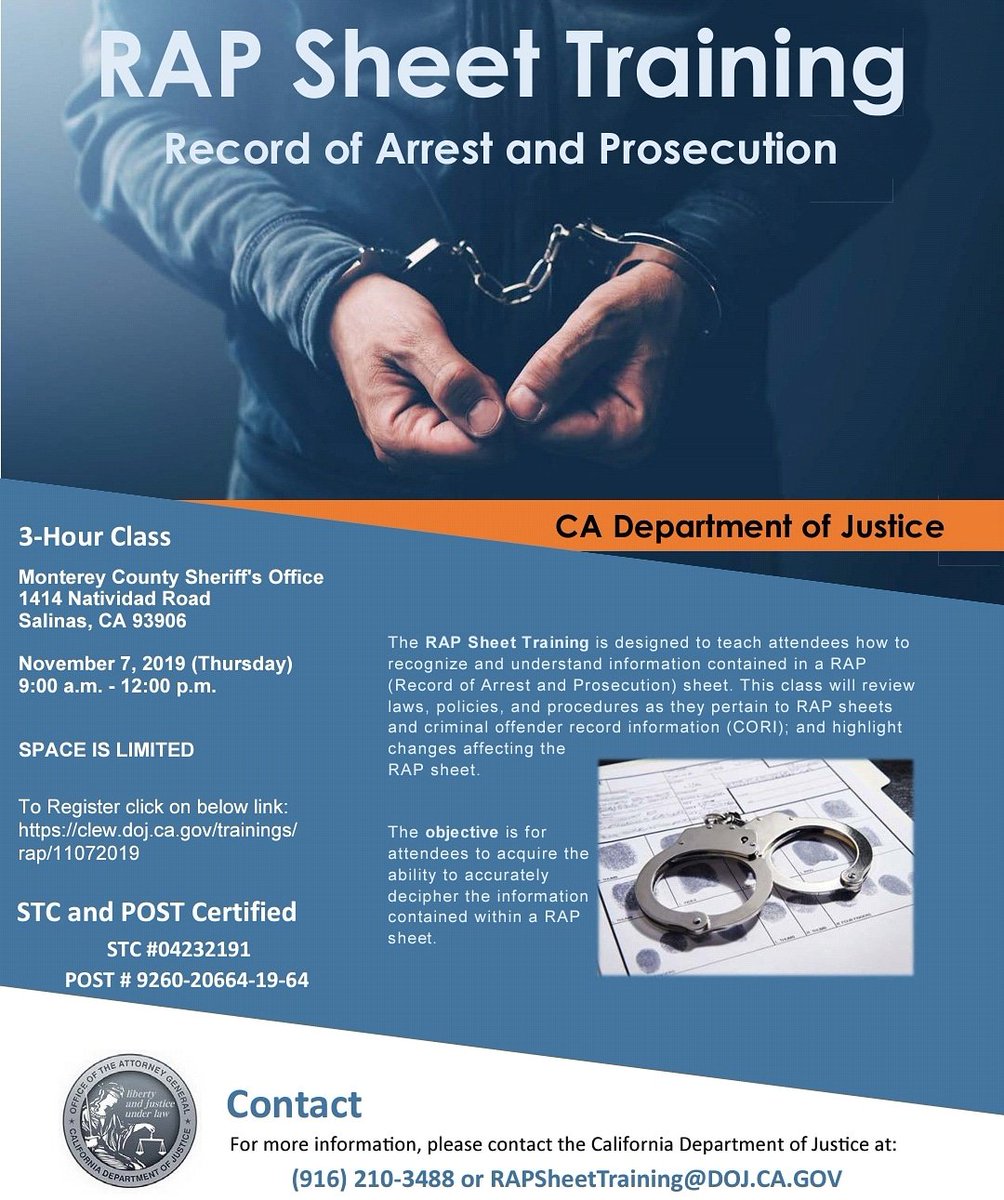 Rap Sheet Training hosted by DOJ!  This class is sure to fill quickly!