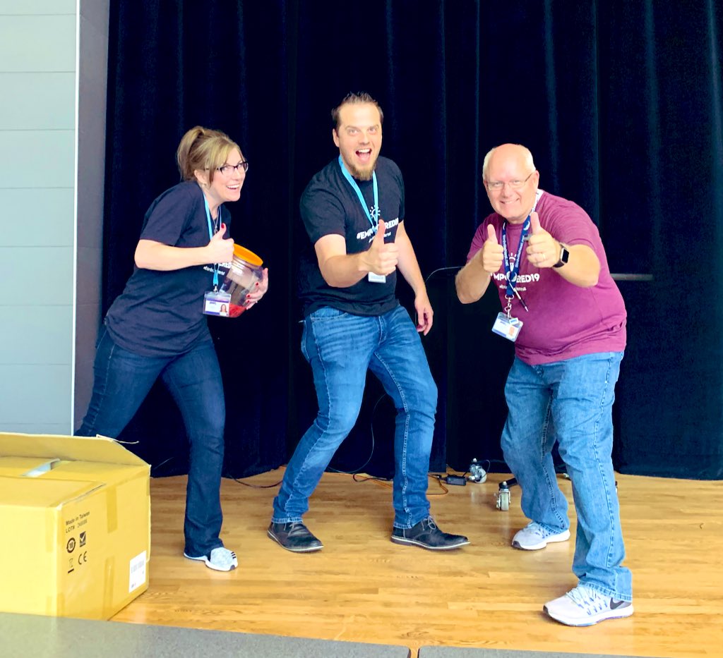 Thanks for such a fun prize give-away and closing session. Birdville ISD has THE best Digital Learning team on the planet and here are three of them embracing the cheese!! <a href="/BirdvilleNest/">BirdvilleNest</a> #BirdvilleLearns #EmpowerED19