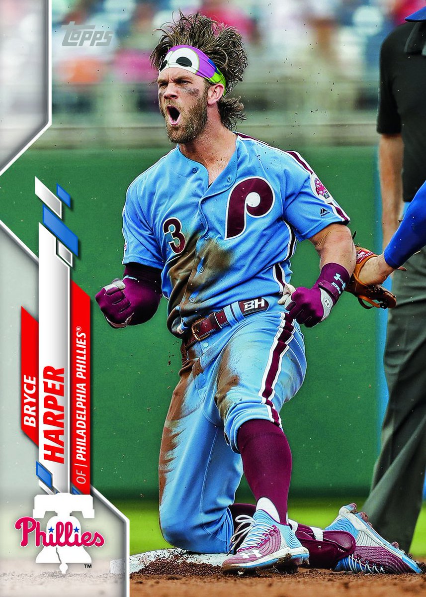 Topps's tweet photo. Calling all @Phillies fans! @bryceharper3 is in the running to become 2020 Topps Baseball Card No. 1! Voting is open until Sep 30 right here: https://t.co/WYu4VIWPJF #RingTheBell https://t.co/X6INa2NfTo