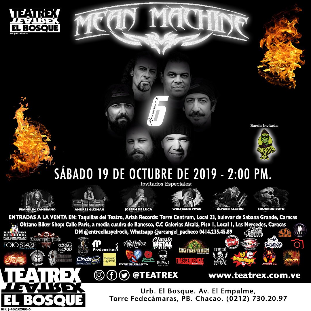6to Aniversario #Sáb #19Oct 2:00p.m. en <a href="/TEATREX/">TEATREX</a> 
Banda invitada: <a href="/FrankensteinV8/">The Frankenstein V8</a> 
Invitados especiales: #ÁlvaroFalcón #WolfVivas #AndrésGuzmán #JosephDeLuca #FranklinZambrano #EduardoSoto

Show biker rock del año
#SéParteDeLaHistoria