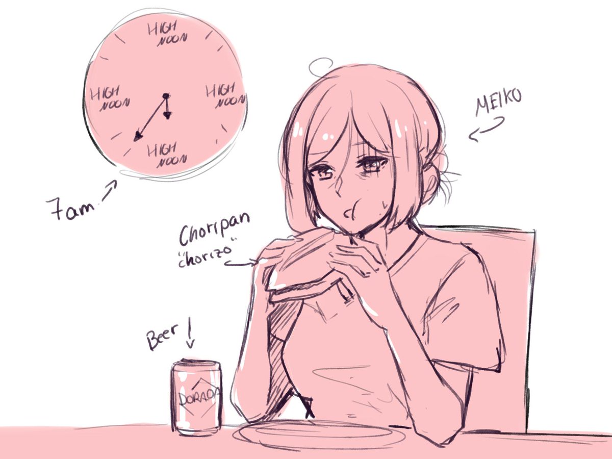 something out of context
MEIKO eating a choripan (chorizo sandwich) + a beer at 7am
because
yes 