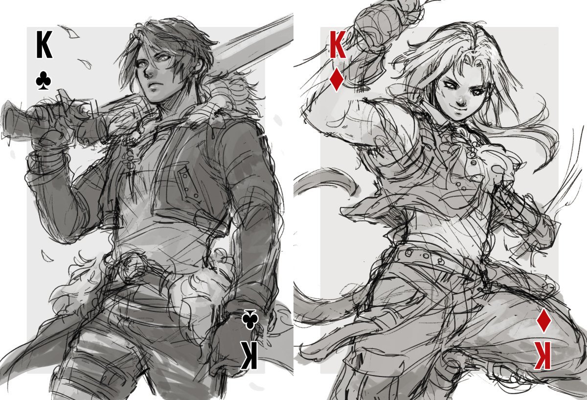 Ready to go again?
The first WIPs for D-Deck, my next poker deck comprising characters from all over FF. Really excited about this one, folks - hope you'll have fun following along 