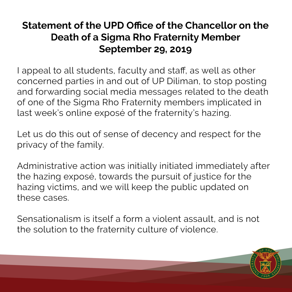 Official_UPD's tweet photo. Statement of the UPD Office of the Chancellor on the Death of a Sigma Rho Fraternity Member https://t.co/JUeyHp8Xip