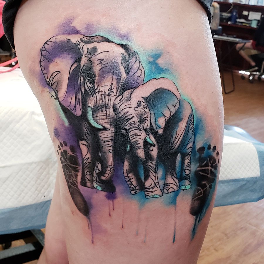 Happy Watercolor Elephant Tattoo Design