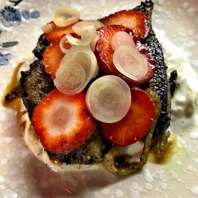 Lamb liver shawarma, ontario strawberries, pickled ramps, rait at 
<a href="/BeastRestaurant/">Scott Vivian</a>
 
#wholeanimaldinner #lamb #TorontoDining #Live2U