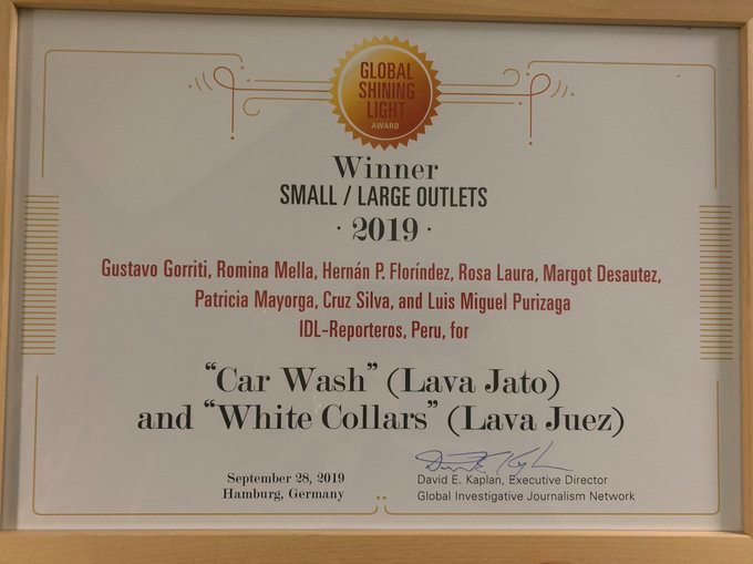 So happy and proud : <a href="/IDL_R/">IDL-Reporteros</a> won the <a href="/gijn/">Global Investigative Journalism Network</a>'s prestigious Global Shinning Light Award ! Currently crying tears of joy wanting to hug my so talentful former coworkers <a href="/Rosa2093/">🍃 Rosa Laura G</a> , <a href="/HernanInkarri/">Hernán P. Floríndez</a>,<a href="/romina_mella/">Romina Mella</a>,  <a href="/pmayorga_o/">Patricia Mayorga</a>, <a href="/CruzSilvaDelCa1/">Cruz Silva Del Carpio</a>, @LuisPurizagaVer and #GustavoGorriti.
