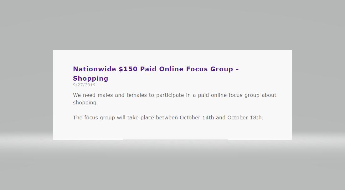 Nationwide $150 Paid Online Focus Group - Shopping 
bit.ly/2m78k6o