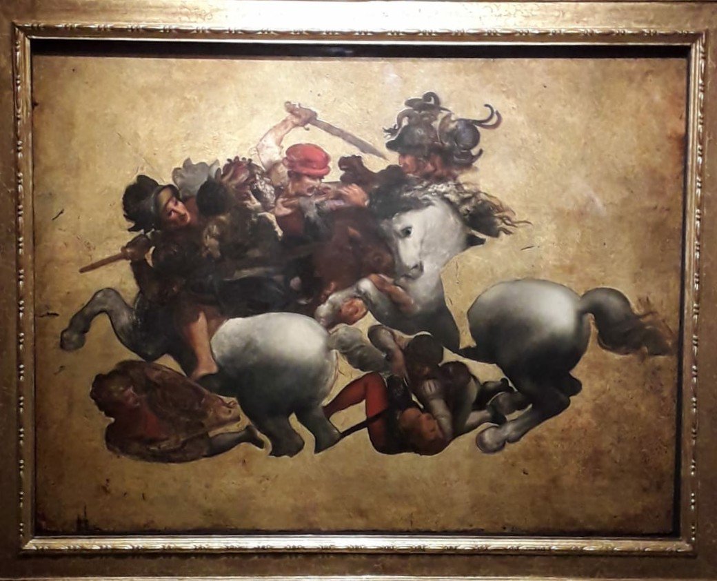 La #TavolaDoria raffigura la parte centrale della perduta Battaglia di Anghiari dipinta da #LeonardodaVinci in Palazzo della Signoria a #Firenze. La copia è stata attribuita a Francesco Morandini detto il Poppi.
#Ulisse #Leonardo500