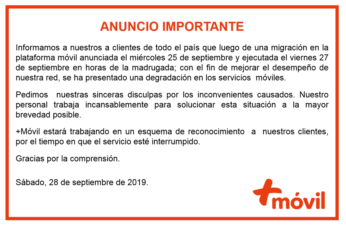 RocioL_masmovil's tweet photo. Anuncio Importante a todos nuestros clientes del servicio de telefonía celular @MasMovilPanama. https://t.co/sHip4oFrNg
