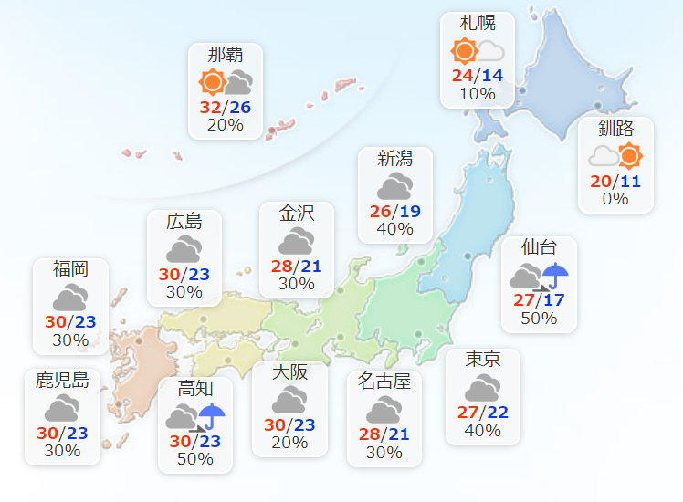 Yahoo 天気 災害 ヤフー天気 9月29日 日 沖縄は晴れますが その他の所は雲が多く 東北と北陸を中心に雨の所が多いでしょう 最高気温は全国的に平年より高く 西日本では30度を超える所もありそうです
