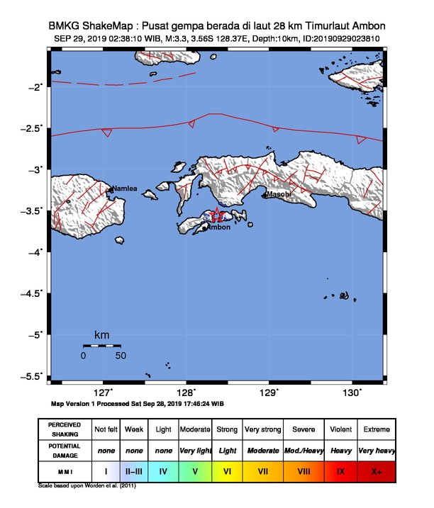 infoBMKG's tweet photo. #Gempa Mag:3.3, 29-Sep-19 02:38:10 WIB, Lok:3.56 LS, 128.37 BT (Pusat gempa berada di laut 28 km Timurlaut Ambon), Kedlmn:10 Km Dirasakan (MMI) III Ambon #BMKG https://t.co/31RVwI7ica