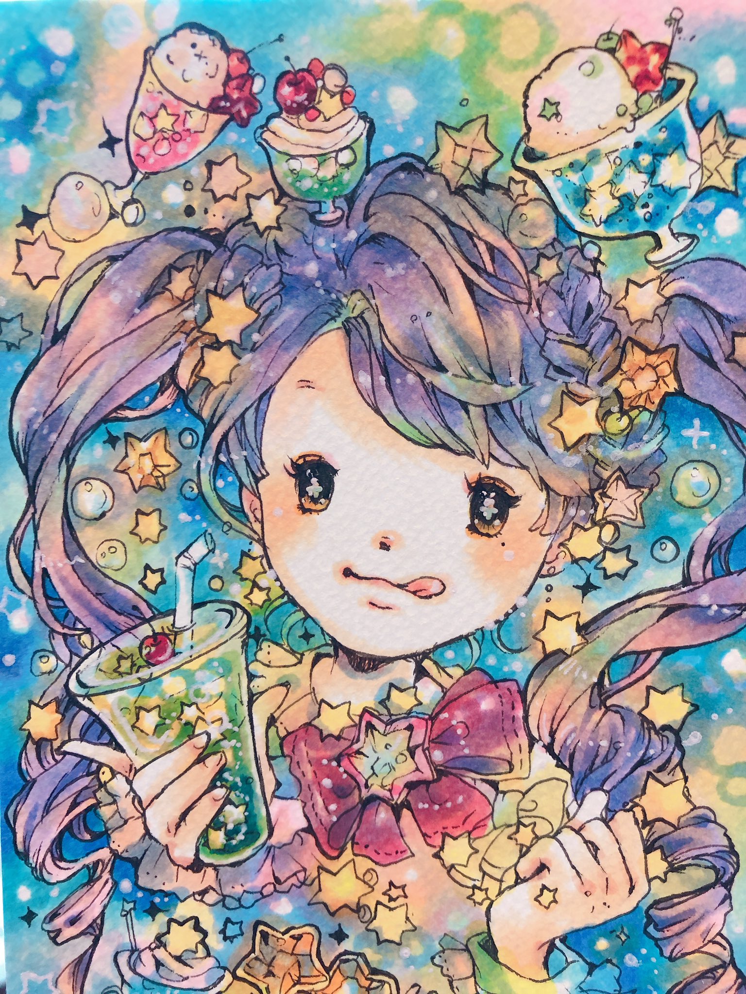 Koto コピックツインズ企画 参加させて頂きます 星をテーマに新しいイラストを描きました 星とクリームソーダをモチーフに 何色も混ぜて 綺麗な色味が出せたかな と思います コピックツインズ企画 コピック アナログ絵 イラスト好きな人
