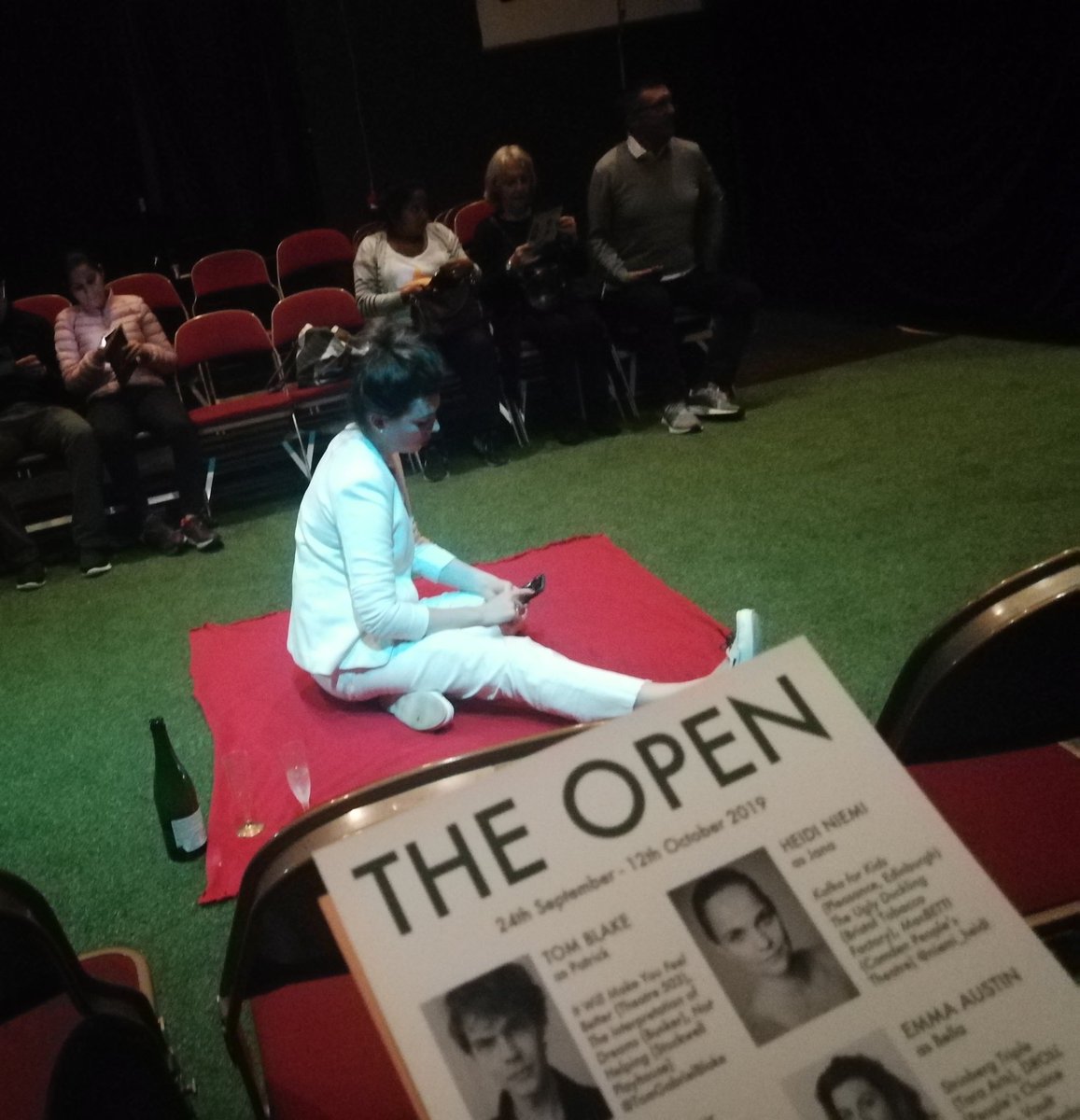 DeneezWilton's tweet photo. Congratulations to @captainflorence female writer, director &amp; producer of @theopentheplay Deeply uncomfortable viewing of a dystopian future post-Brexit. Fab acting including the beautifully comic @EmmaAust1n (seen here working very hard!!) On for 2 more weeks @SpaceArtsCentre https://t.co/Swx7Lrkyxo