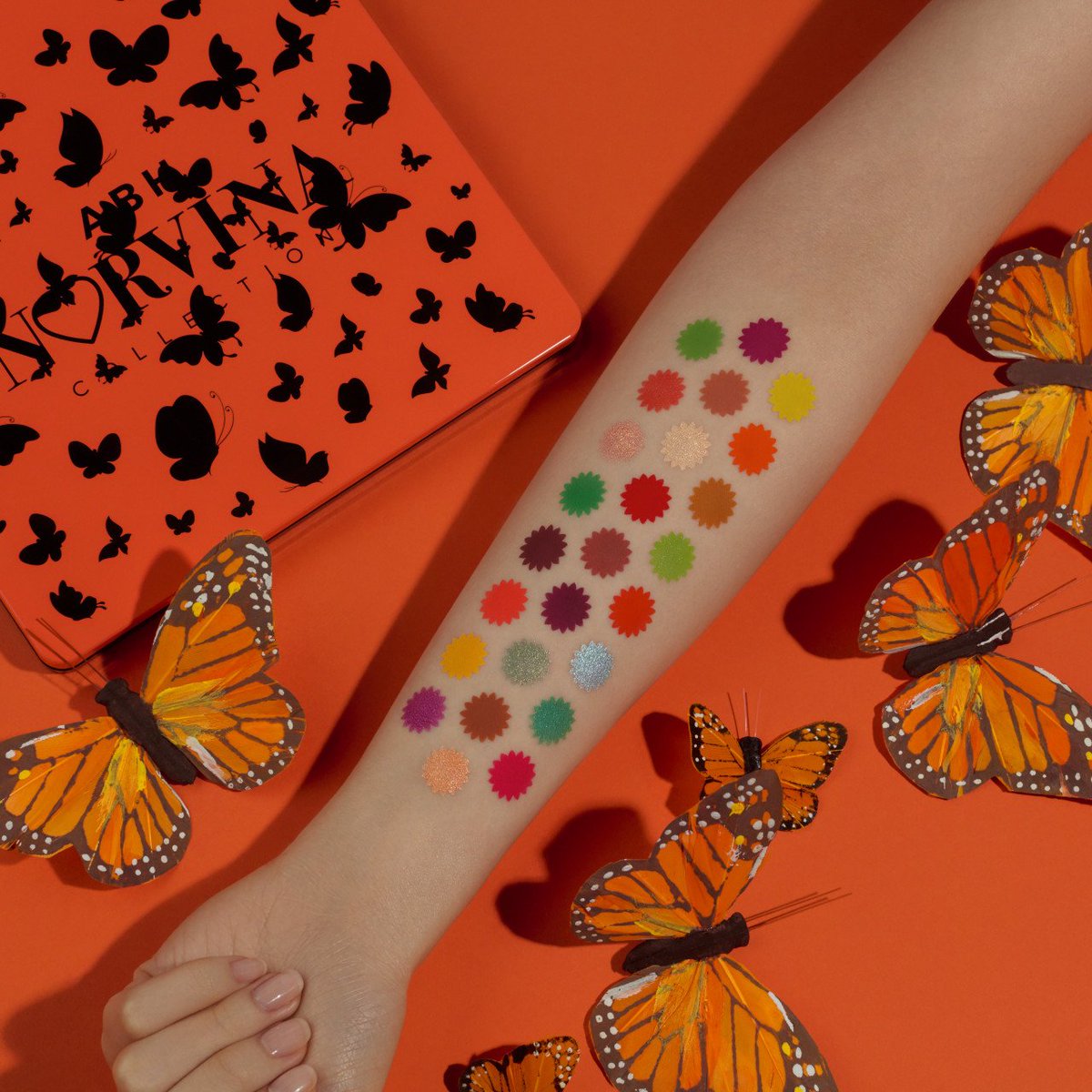ABHcosmetics's tweet photo. All 25 shades beautifully swatched from the NEW #NorvinaV3 Palette! 🦋 Like for mattes 🧡 and retweet for metallic shimmers! 🔁 #NorvinaProPigmentPaletteV3 https://t.co/peUPSmXivz https://t.co/UiijKSbK2c