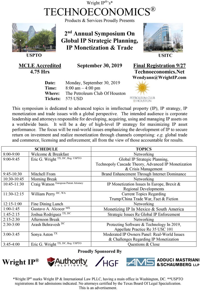 Wright_IP's tweet photo. Technoeconomics ® News: SOLD OUT! Wright IP’s 2nd Annual Symposium On Global IP Strategic Planning, IP Monetization & Trade, 9/30/19 Eric Wright on IP Monetization #technoeconomics #brand #IP #patent #trademark #copyright #news #IPR #USITC #wrightip #ericwright #uspto #ITC #PCOH https://t.co/MjFcXGfdTK