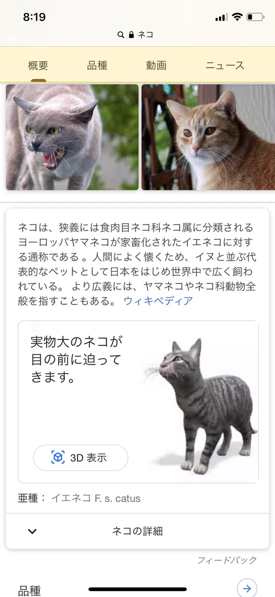 Google検索で動物名を検索すると？ARで実物大のモデルを召喚できるように！