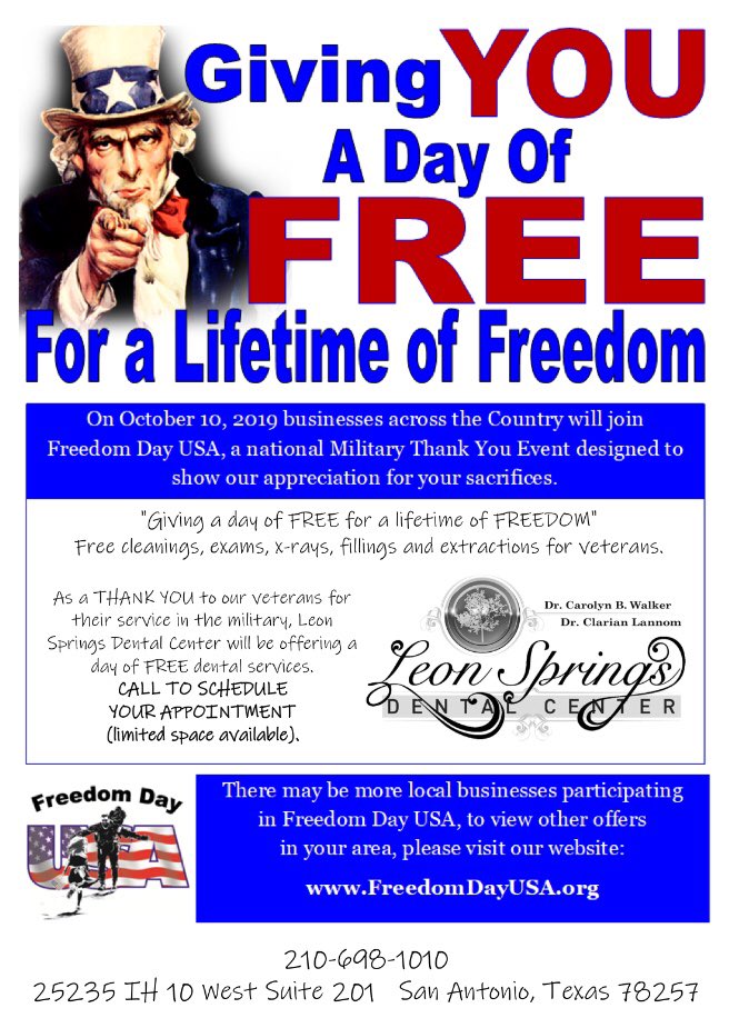 AtRialto's tweet photo. Free cleanings, exams, x-rays, fillings and extractions for Veterans at Leon Springs Dental Center October 10th!! 🦷 🤩 🇺🇸 @leonspringsdentalcenter #veterans #dentist #drcarolynwalkerdds #lifewelllived #leonsprings #dominion #boerne  @livegreystarsa https://t.co/xIyYq28PHC