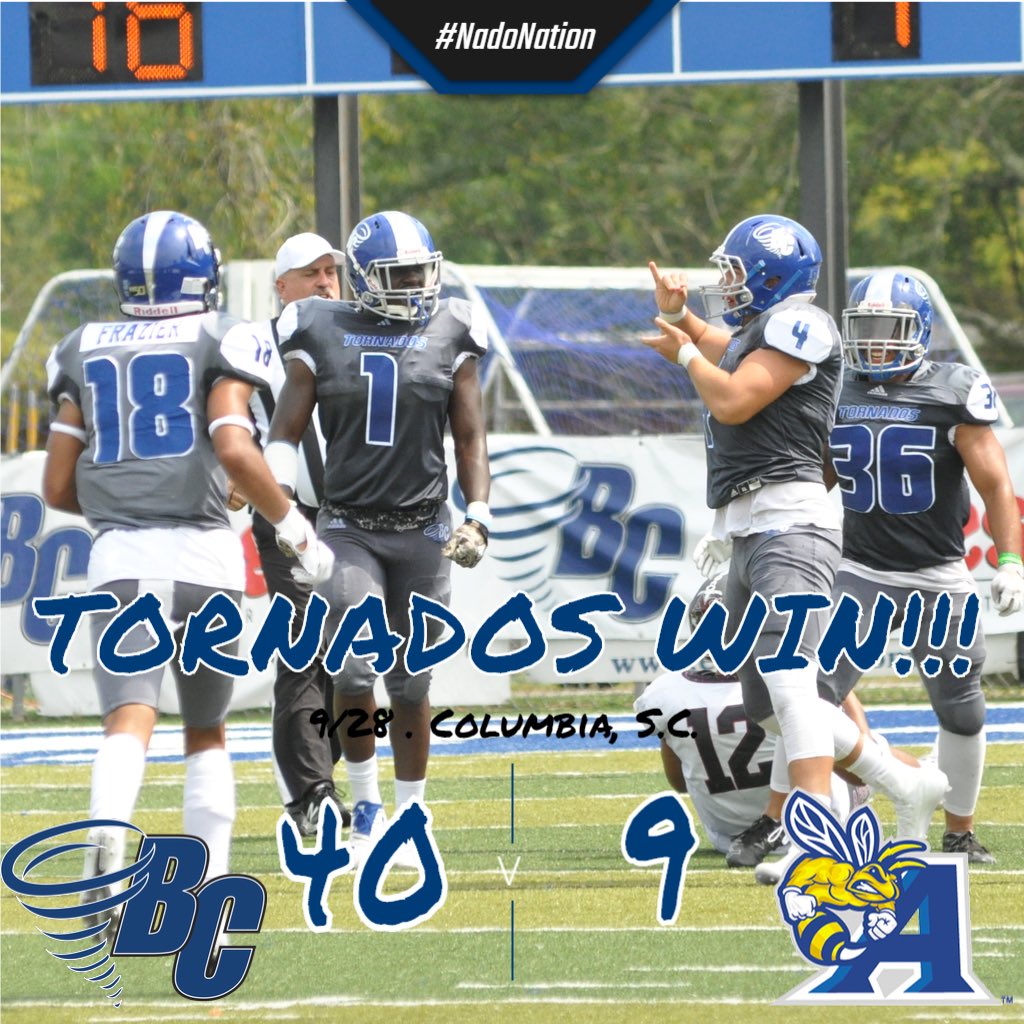 BCTornados's tweet photo. Football: @BrevardF5 40, Allen 9, Final from the Charlie W. Johnson Stadium in Columbia, S.C.
Dalton Cole: 214 passing yds, 2 TDs (1 rush, 1 pass);
Damon Rouse: 10 carries, 99 yds, 1 TD;
Defense: 5 INTs;
Dante Anderson: 6 tackles;
Quentin Jackson: 15-yard pick-six TD.
#NadoNation https://t.co/XTef41dnb2