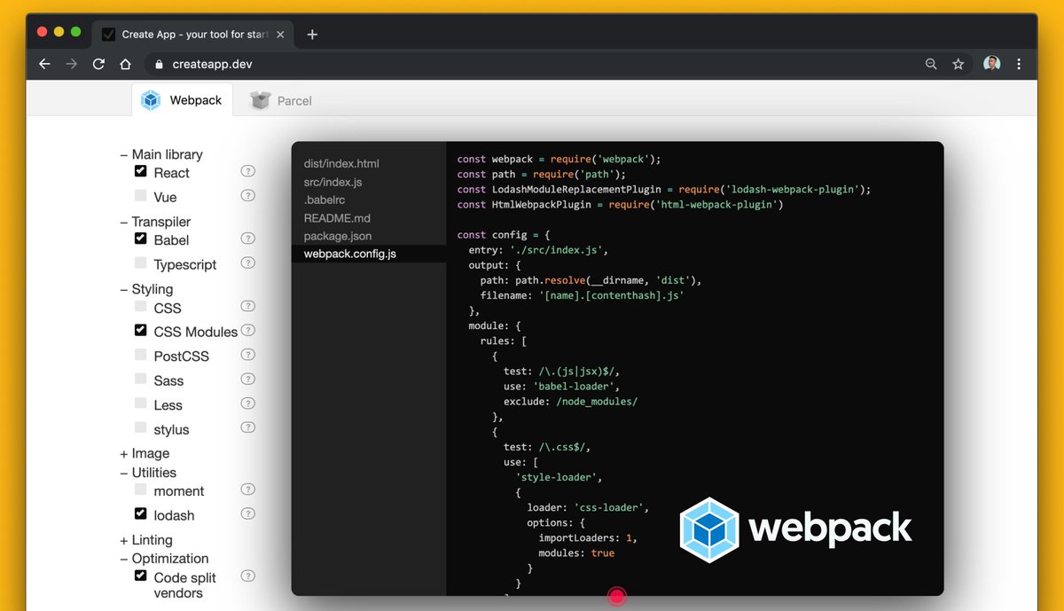 Tip: createapp.dev generates webpack build configs for you online 📦 Useful learning tool by @karljakoblind