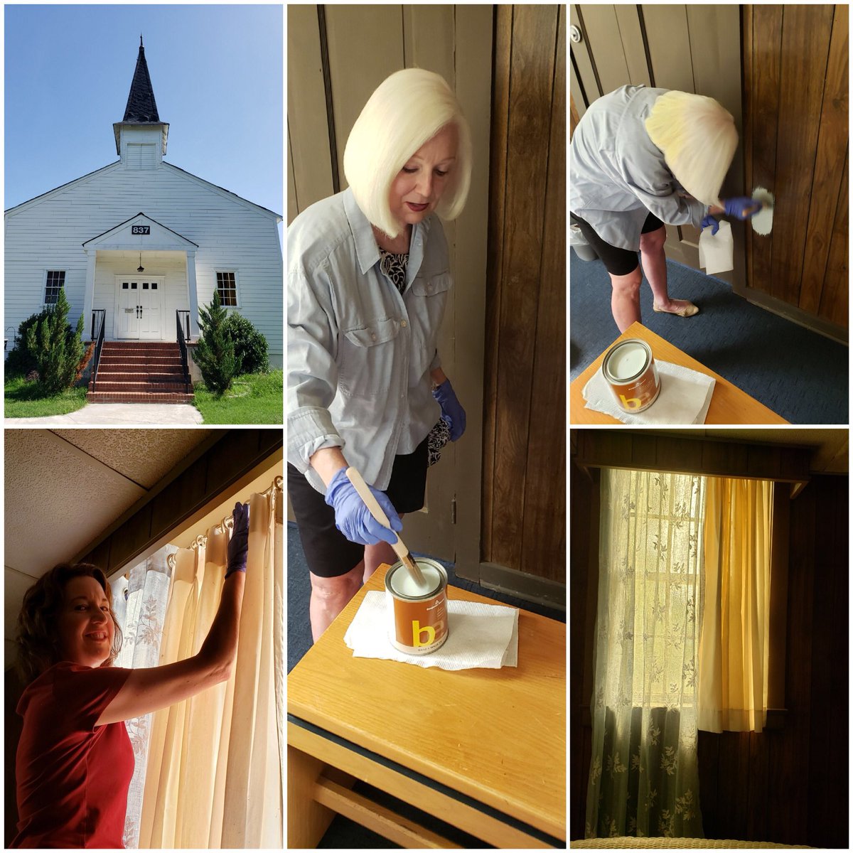 FieldingLewisGA's tweet photo. Our Chapter Historian and Chapter Regent test drove new paint and new sheers for the Bride's Room at Dobbins Chapel. They even successfully removed a pair of wasps and their nest from the window! Looking forward to unveiling the completed renovations! #TodaysDAR https://t.co/RGg1LY94rg