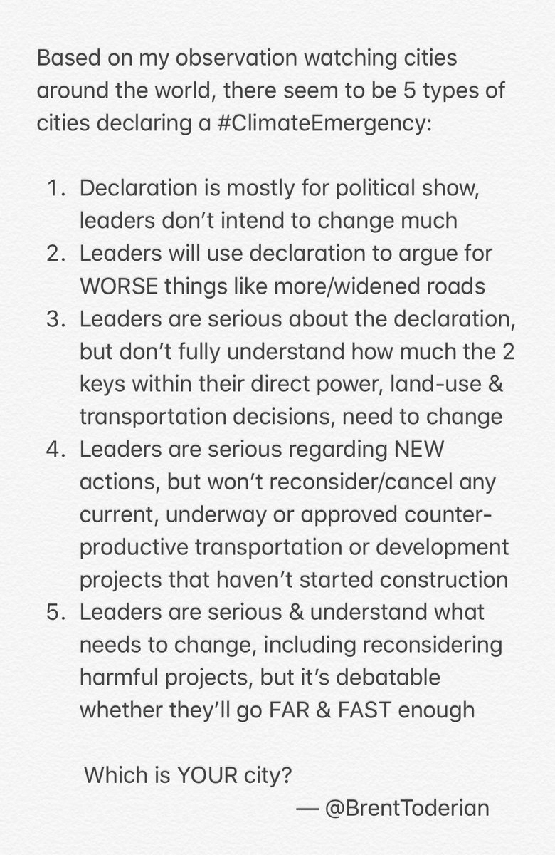 BrentToderian's tweet photo. READ: There are 5 kinds of cities who have declared a #ClimateEmergency! Which one of these is YOUR city? Please share &amp; discuss. 
#ClimateCrisis #ClimateStrike https://t.co/2XcdeRHXvO