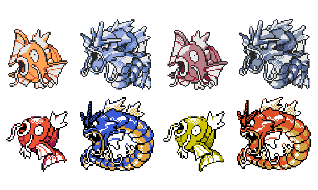 lejr uddybe Specialitet Dr. Lava on Twitter: "Lost Sprites: Shiny Gyarados family Magikarp and  Gyarados' sprites, as well as their Shiny colors, were changed between Gold  &amp; Silver's 1997 demo and 1999's release version. Keep