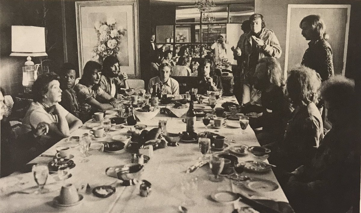 kjmr97FM's tweet photo. End-of-tour dinner, Minneapolis hotel suite, 1970. L to R: #neilyoung, his mom, #fuzzysamuels #johnnybarbata Ron Stone, #stephenstills #grahamnash Henry Diltz (in mirror) Dan Campbell, Leo Makota, #davidcrosby #elliotroberts and Charles John Quarto. #csny https://t.co/QJ89E9PE0T