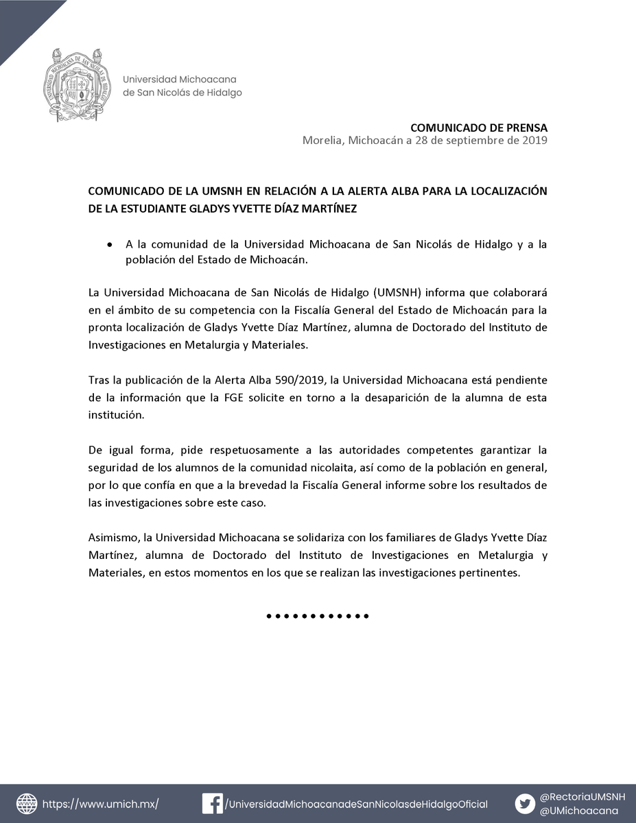 UMSNH_Oficial's tweet photo. COMUNICADO 
La #UMSNH informa que colaborará en el ámbito de su competencia con la Fiscalía General del Estado de Michoacán para la pronta localización de Gladys Yvette Díaz Martínez, alumna de Doctorado del Instituto de Investigaciones en Metalurgia y Materiales. https://t.co/ZeTTOhStFl