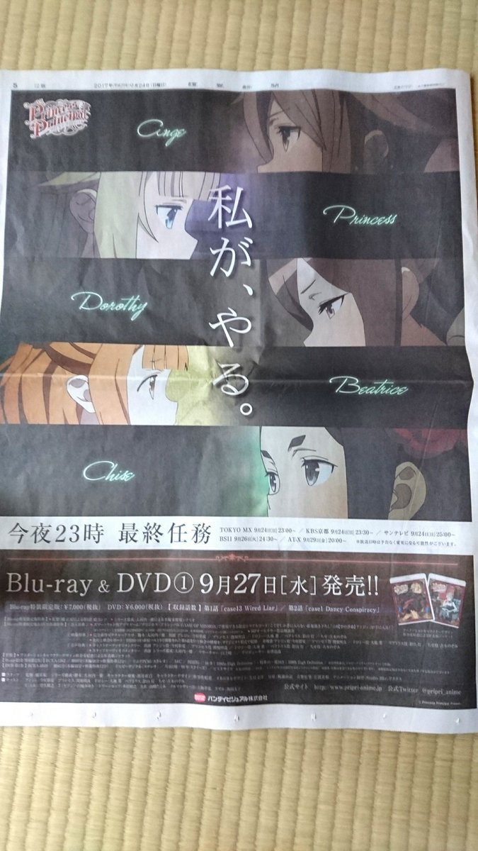 ライリー 今日プリンセス プリンシパルの再放送が最終回だけど 2年前の本放送の最終回放送日に載った新聞広告 私が やる の や の影が守になってて 私が 守る になってるのが深くて良き Pripri プリンセスプリンシパル