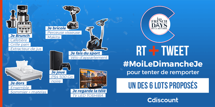 Cdiscount's tweet photo. 🎁 #Concours 
Pour fêter les FrenchDays, on vous offre le lot correspondant à votre mood idéal du Dimanche! 

🔸 Pour tenter votre chance :
RT + TWEET avec #LeDimancheMoiJe

⏰ TAS 07/10
Règlement : https://t.co/HIkVIxJXHd https://t.co/XEWb29tUYU